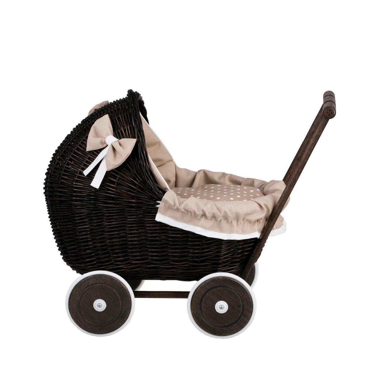 Dark Wicker Doll Pram Lili – Beige Bedding – handwoven Polish wicker pram, made in Poland