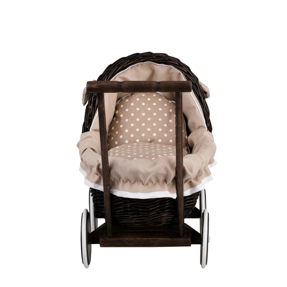 Dark Wicker Doll Pram Lili – Beige Bedding – handwoven Polish wicker pram, made in Poland