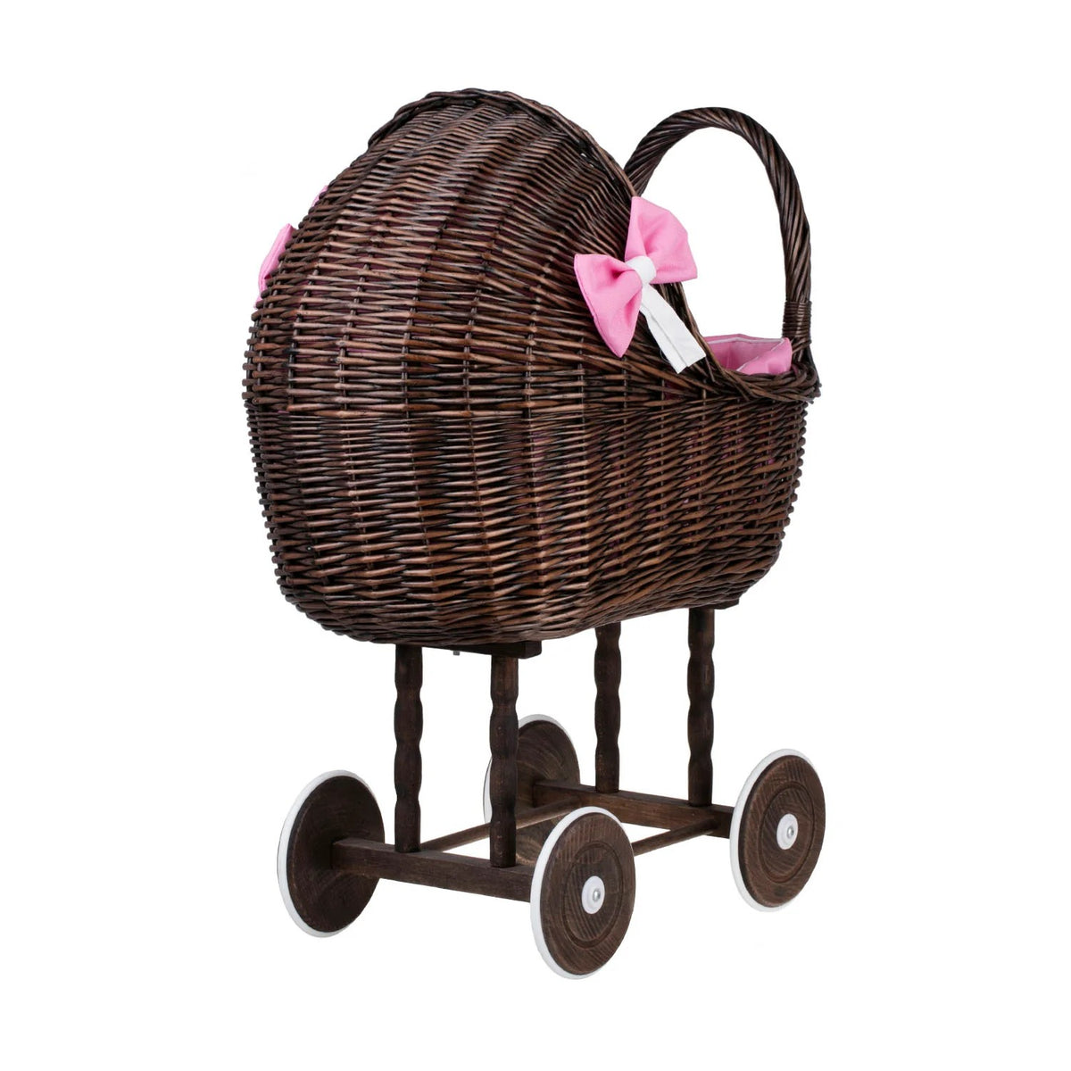Dark Wicker Doll Stroller Lena – Pink Bedding – handwoven Polish wicker pram, made in Poland