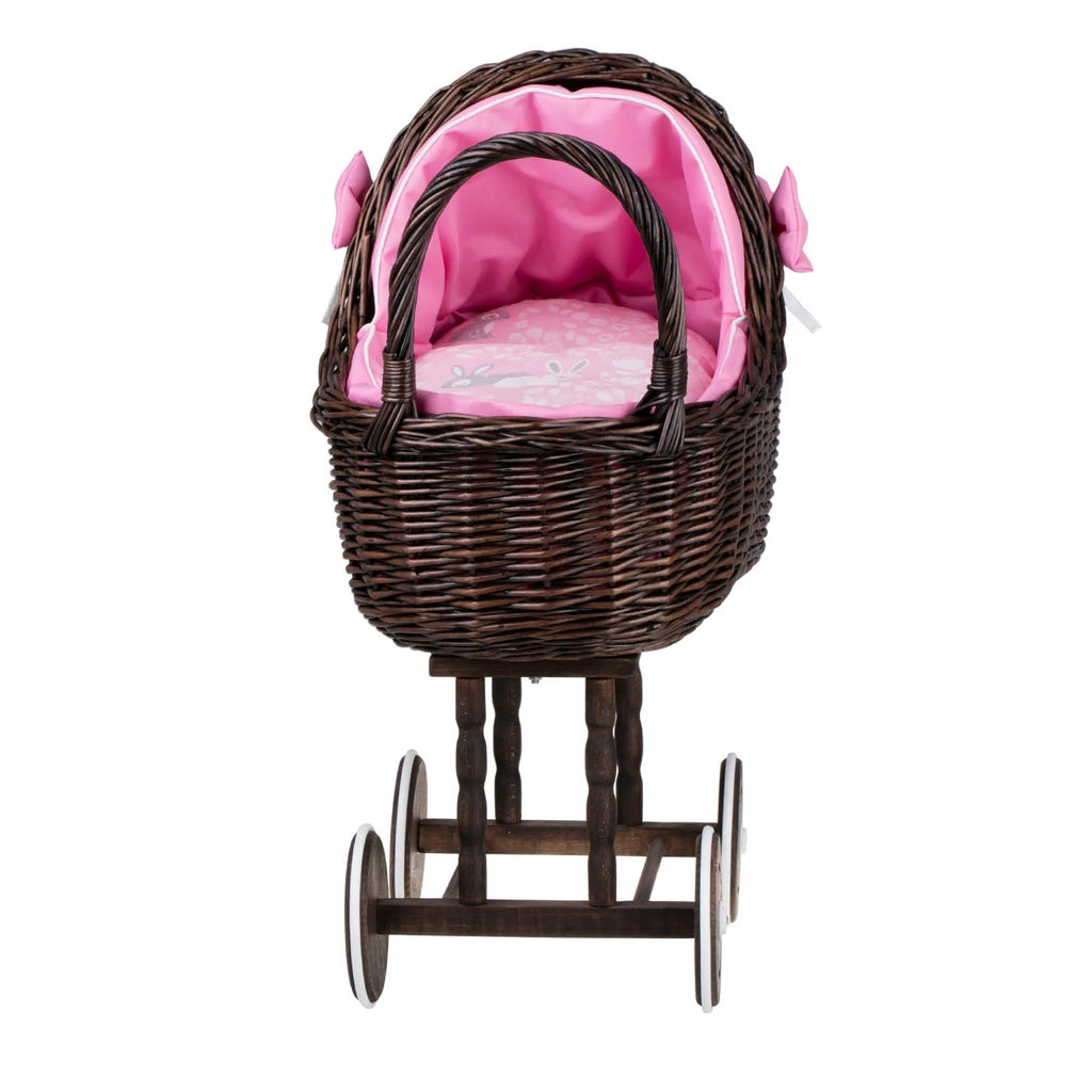 Dark Wicker Doll Stroller Lena – Pink Bedding – handwoven Polish wicker pram, made in Poland