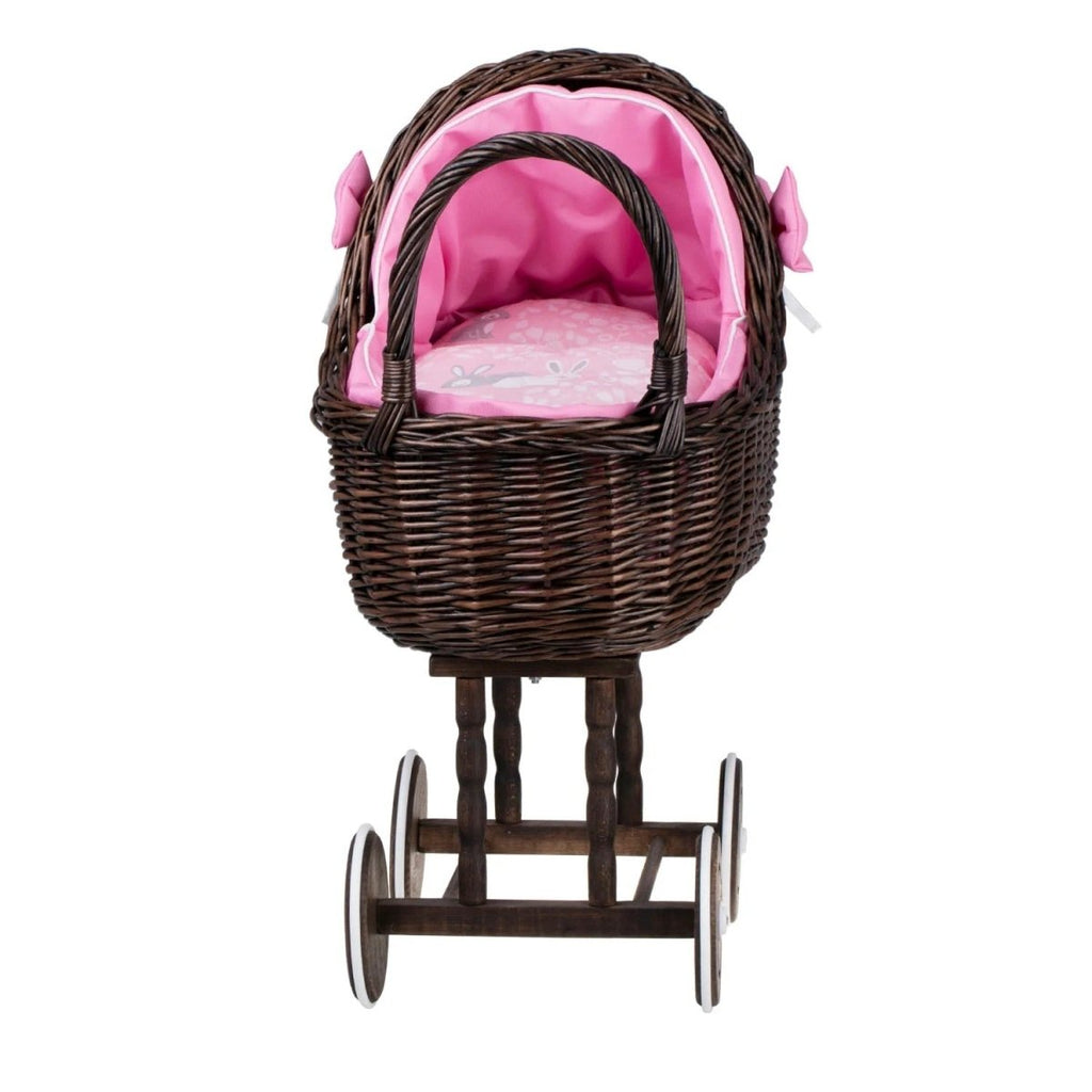 Dark Wicker Doll Stroller Lena – Pink Bedding - Tiny Tugz™