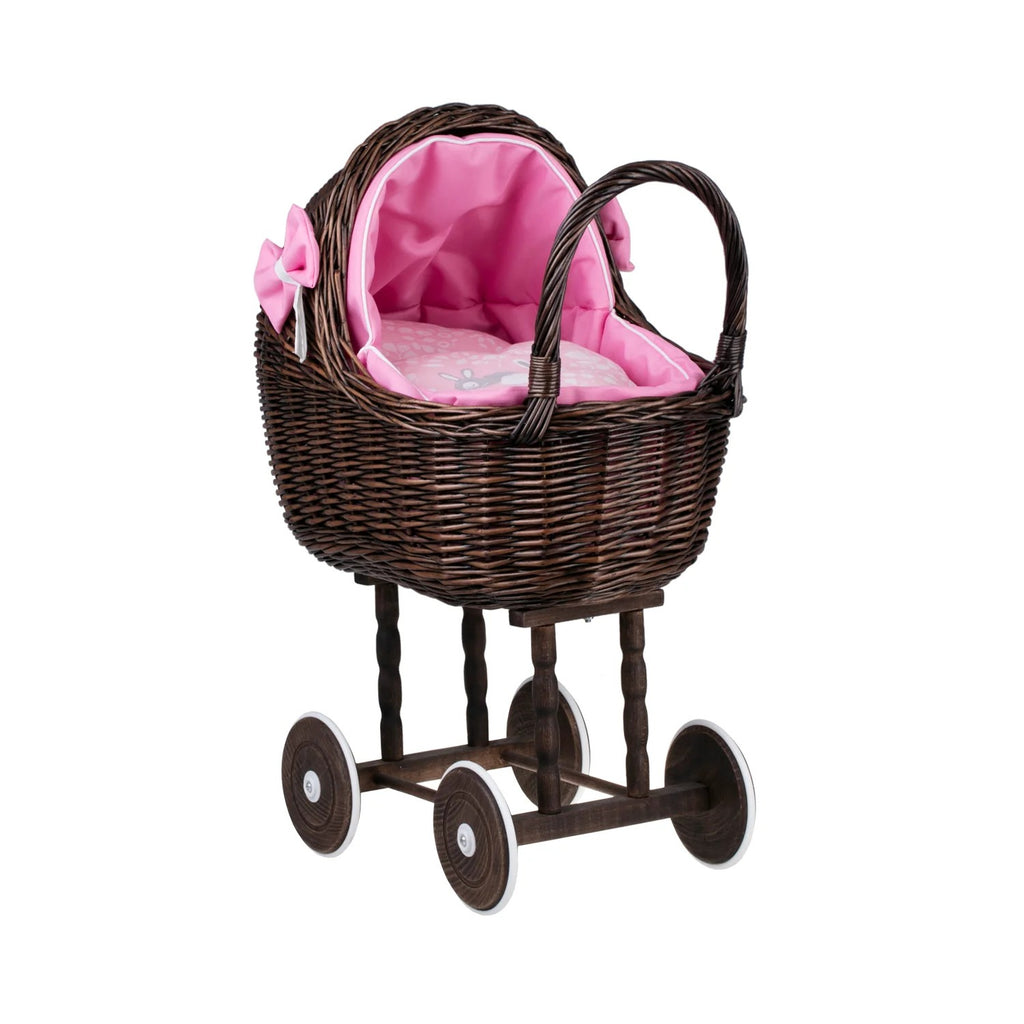 Dark Wicker Doll Stroller Lena – Pink Bedding – handwoven Polish wicker pram, made in Poland