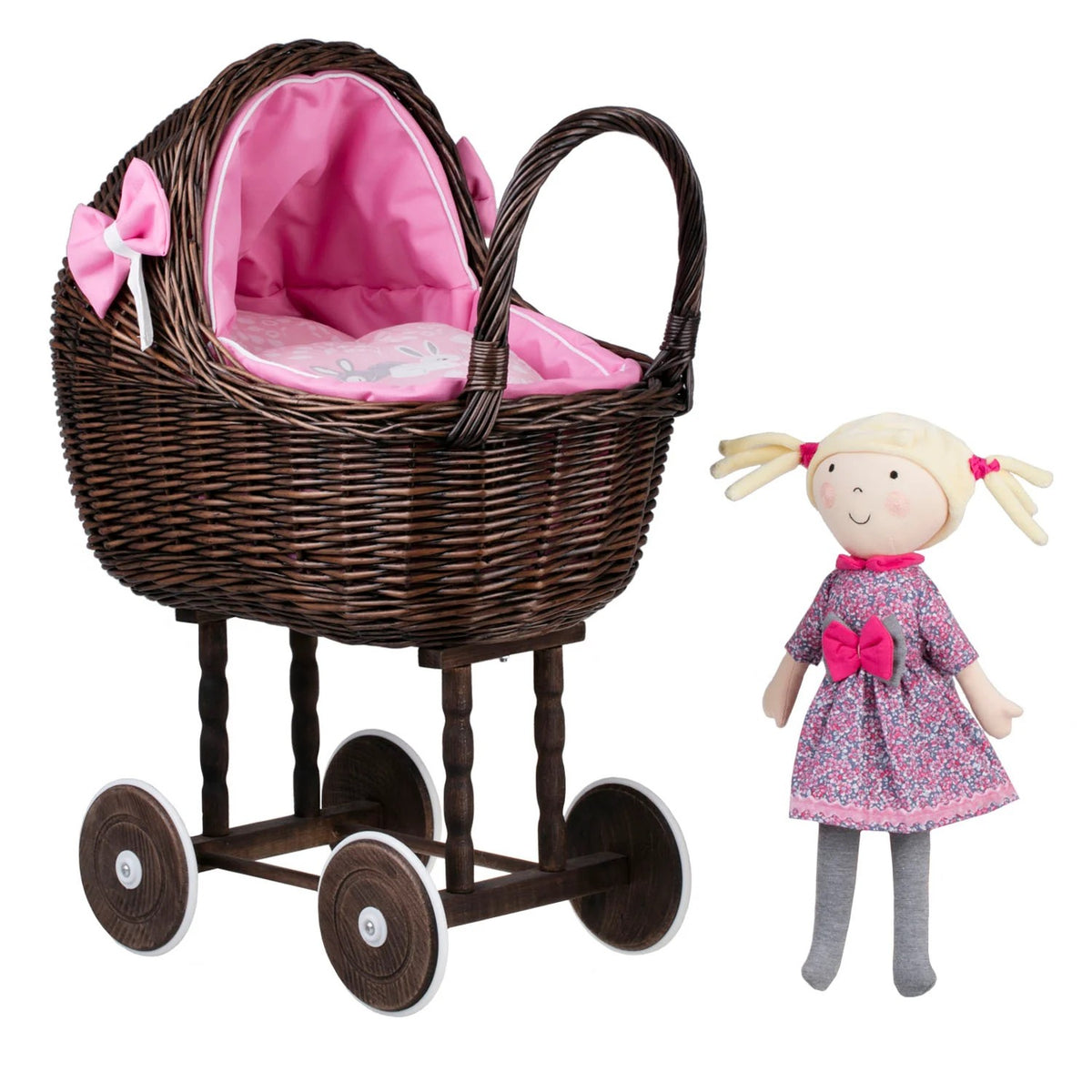 Dark Wicker Doll Stroller Lena – Pink Bedding – handwoven Polish wicker pram, made in Poland