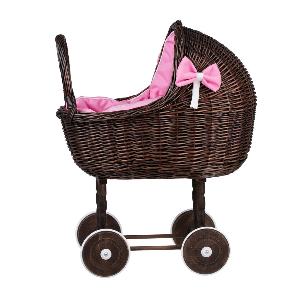 Dark Wicker Doll Stroller Lena – Pink Bedding – handwoven Polish wicker pram, made in Poland
