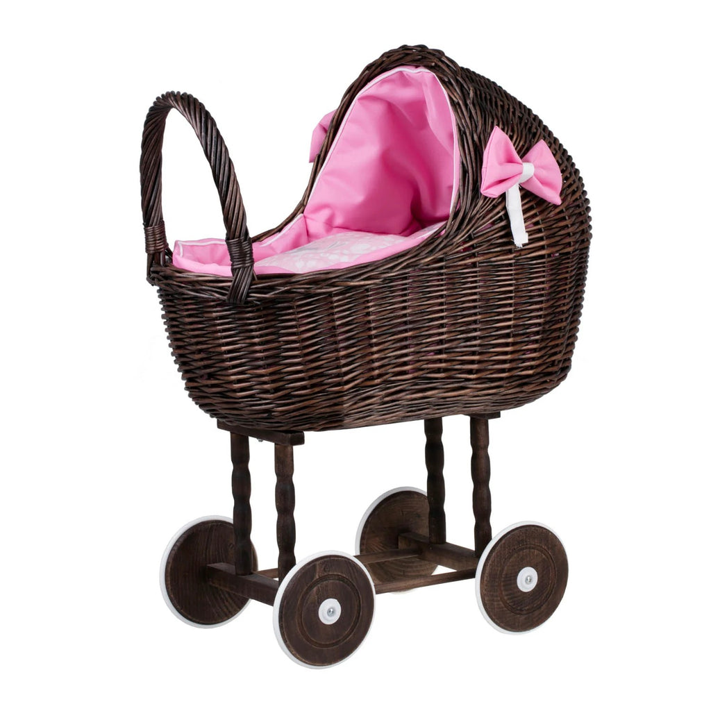 Dark Wicker Doll Stroller Lena – Pink Bedding – handwoven Polish wicker pram, made in Poland
