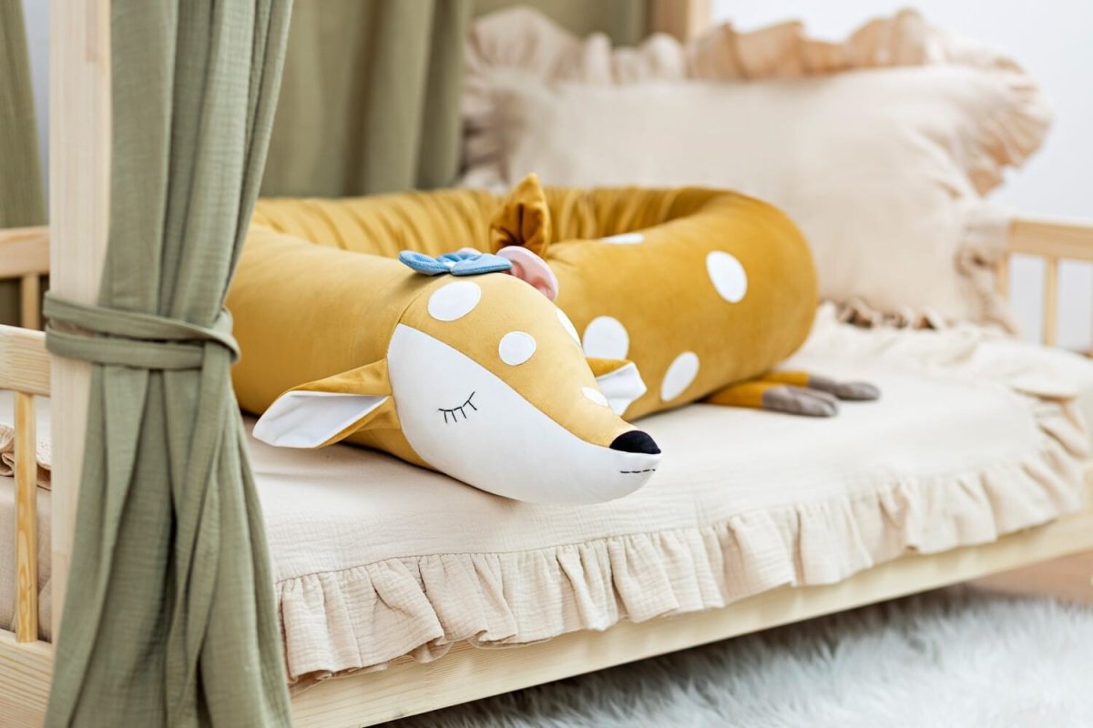 Doe Cuddle Pillow & Bed Wall Bumper with Floral Crown - Velvet, 210 cm - Tiny Tugz™