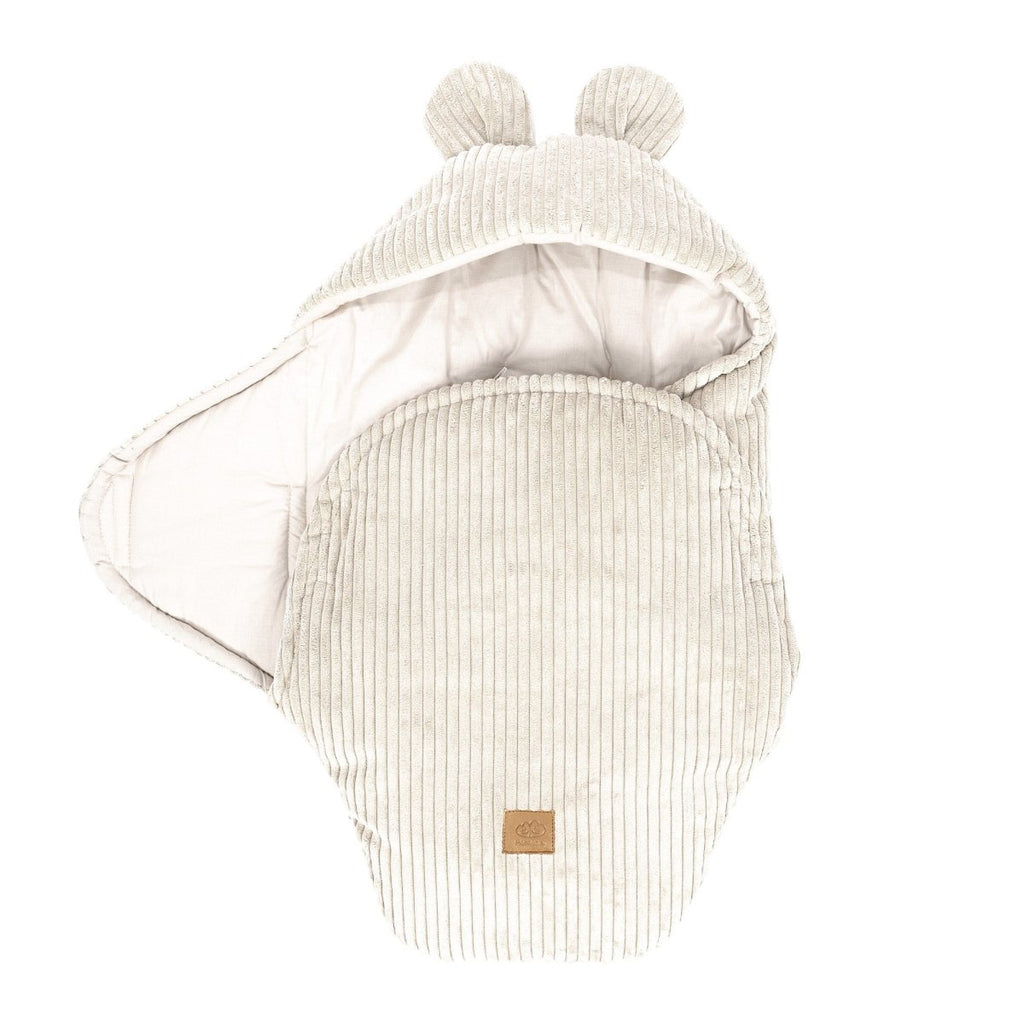 Ecru Baby Swaddle with Bear Ears, Ribbed Corduroy & Cotton Lining - Tiny Tugz™