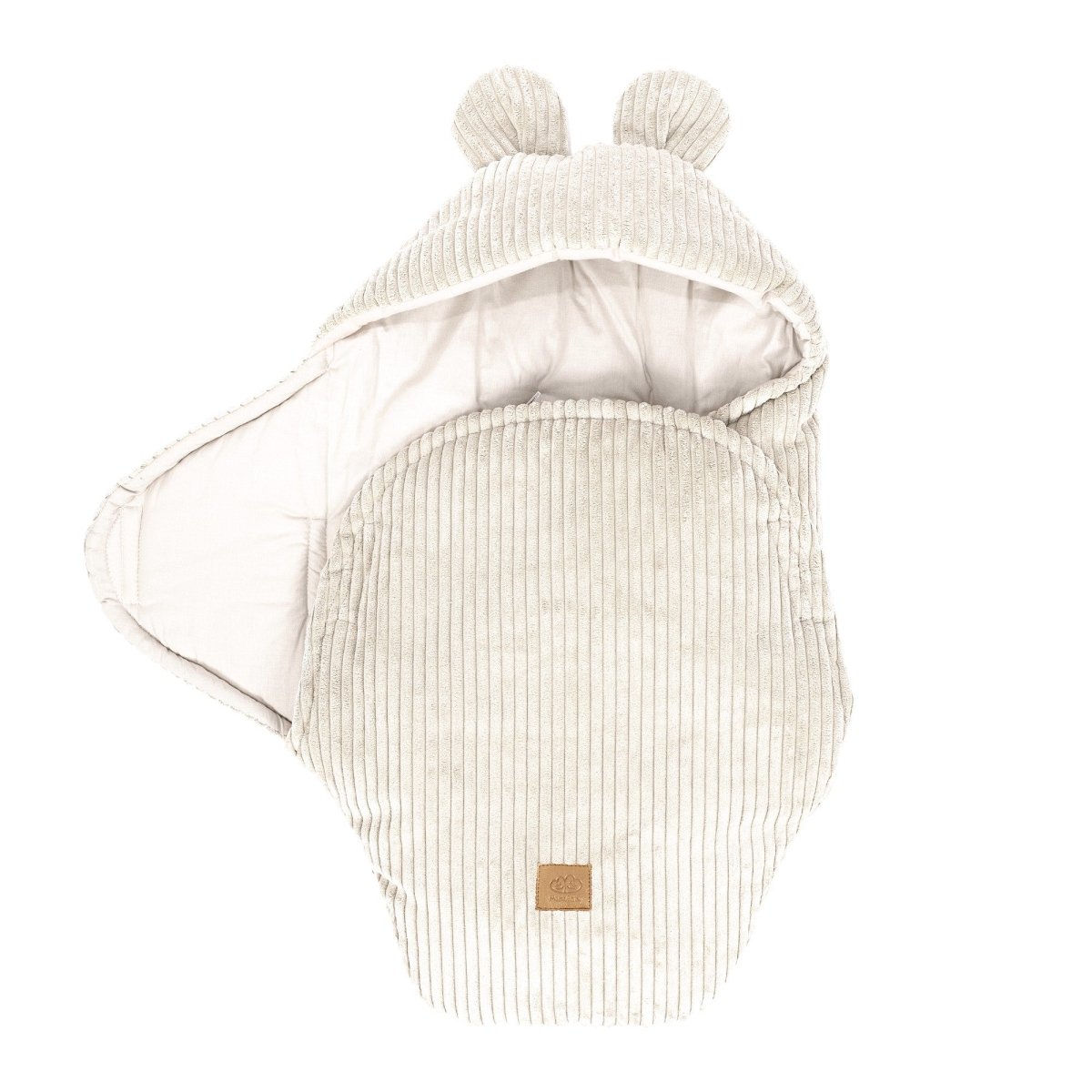 Ecru Baby Swaddle with Bear Ears, Ribbed Corduroy & Cotton Lining - Tiny Tugz™