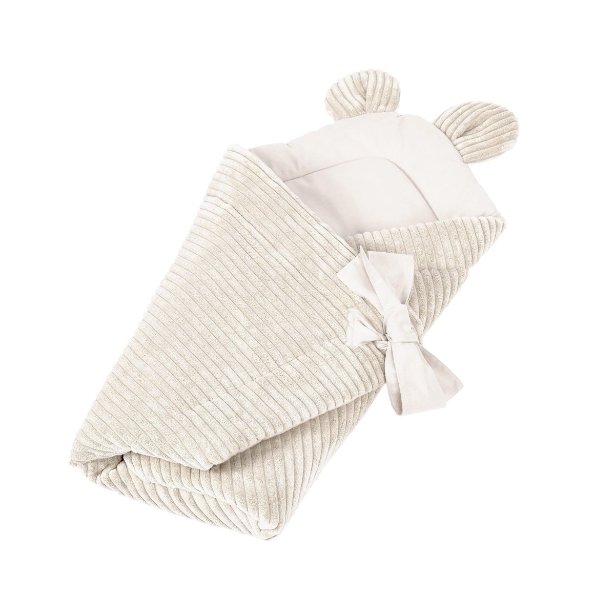 Ecru Baby Swaddle Wrap with Bear Ears, Ribbed Corduroy & Cotton Lining - Tiny Tugz™