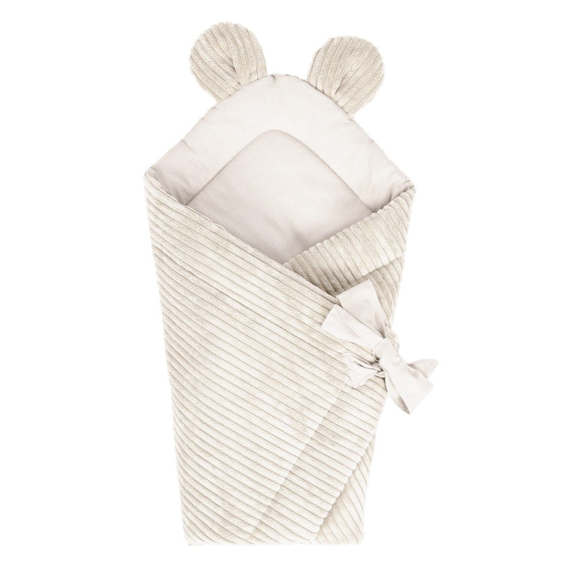 Ecru Baby Swaddle Wrap with Bear Ears, Ribbed Corduroy & Cotton Lining - Tiny Tugz™