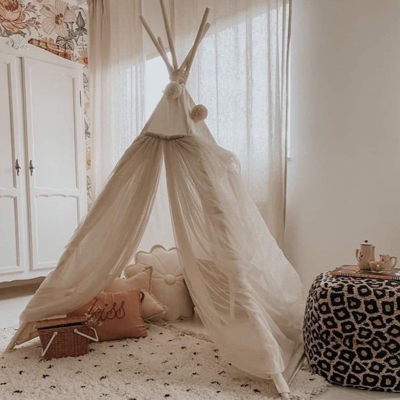 Fairy Kids Play Tent with Tulle - Ecru - Cotton & Wooden Poles - Tiny Tugz™
