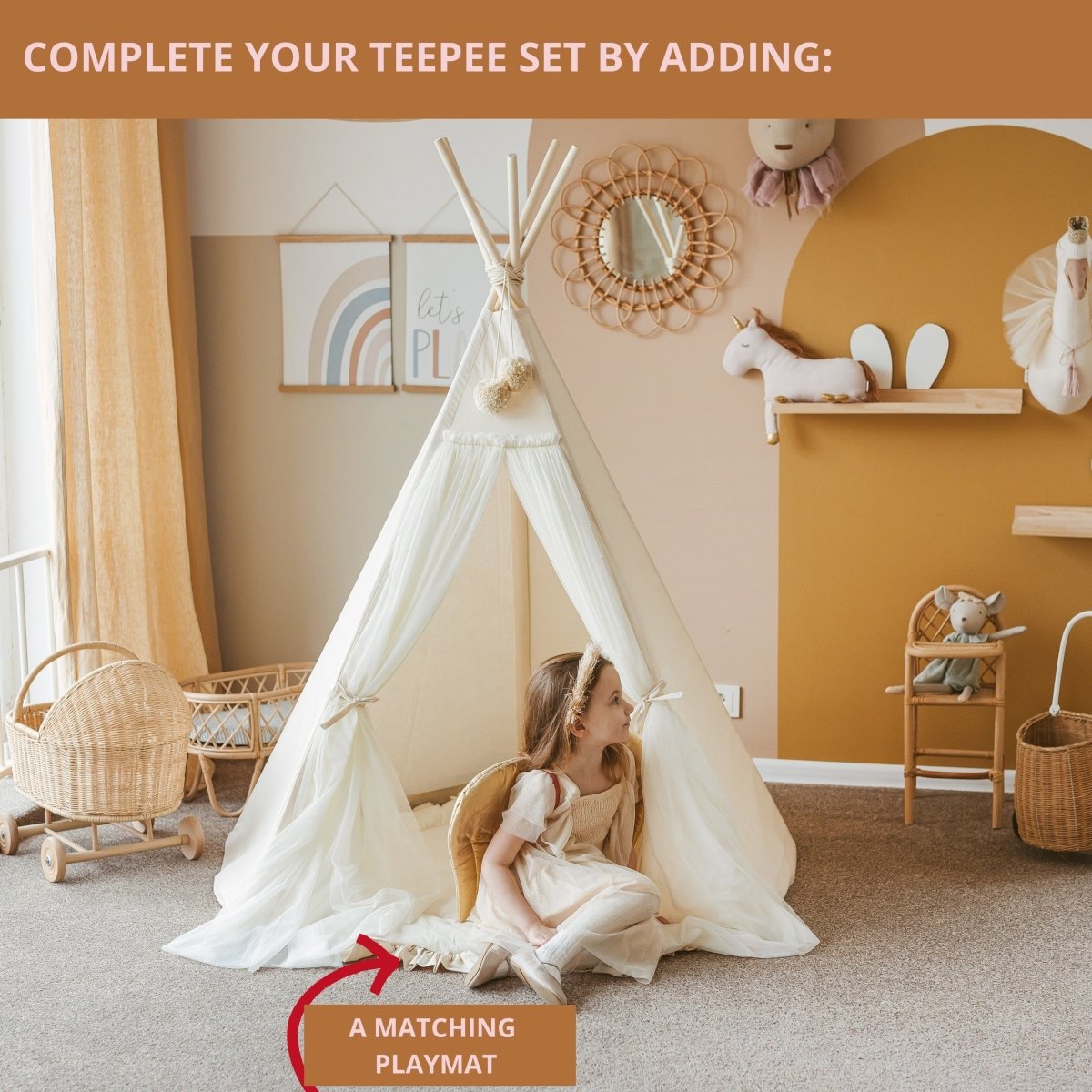 Fairy Kids Play Tent with Tulle - Ecru - Cotton & Wooden Poles - Tiny Tugz™