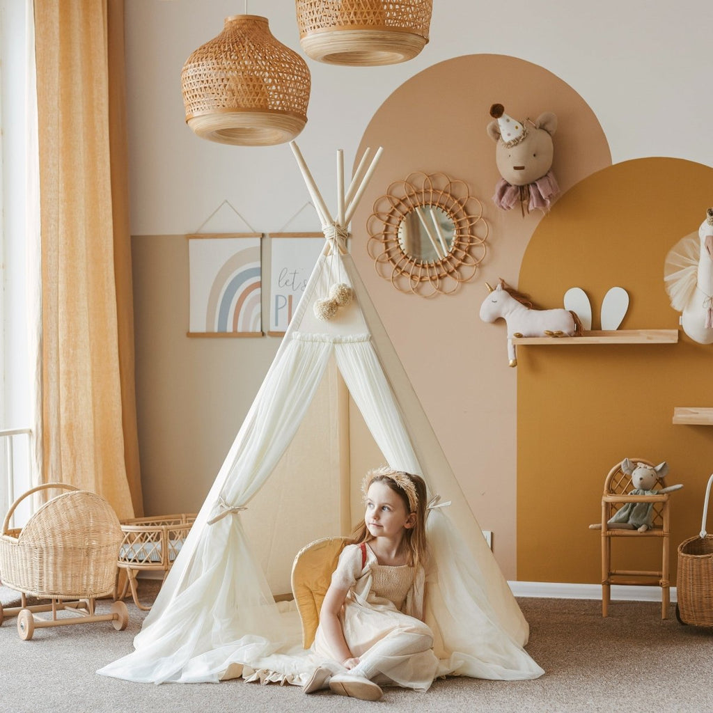 Fairy Kids Play Tent with Tulle - Ecru - Cotton & Wooden Poles - Tiny Tugz™
