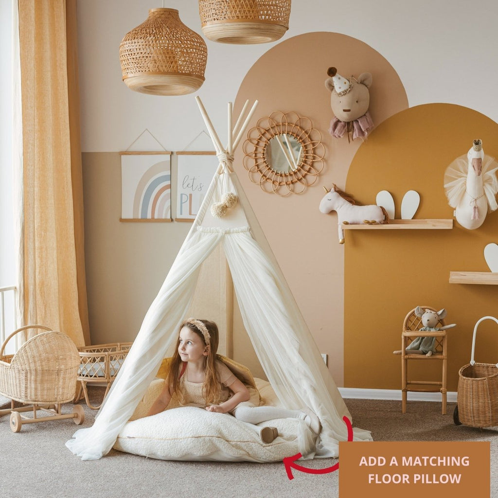 Fairy Kids Play Tent with Tulle - Ecru - Cotton & Wooden Poles - Tiny Tugz™