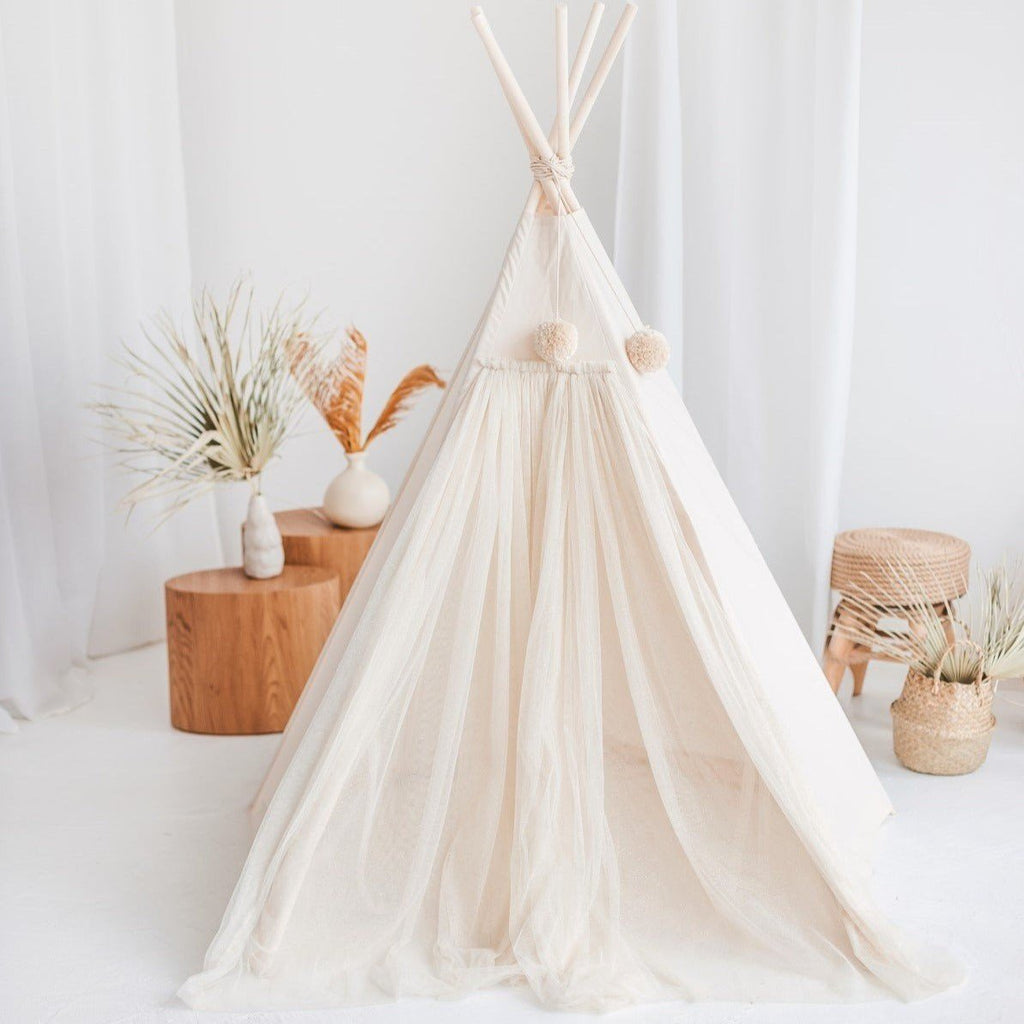 Fairy Kids Play Tent with Tulle - Ecru - Cotton & Wooden Poles - Tiny Tugz™