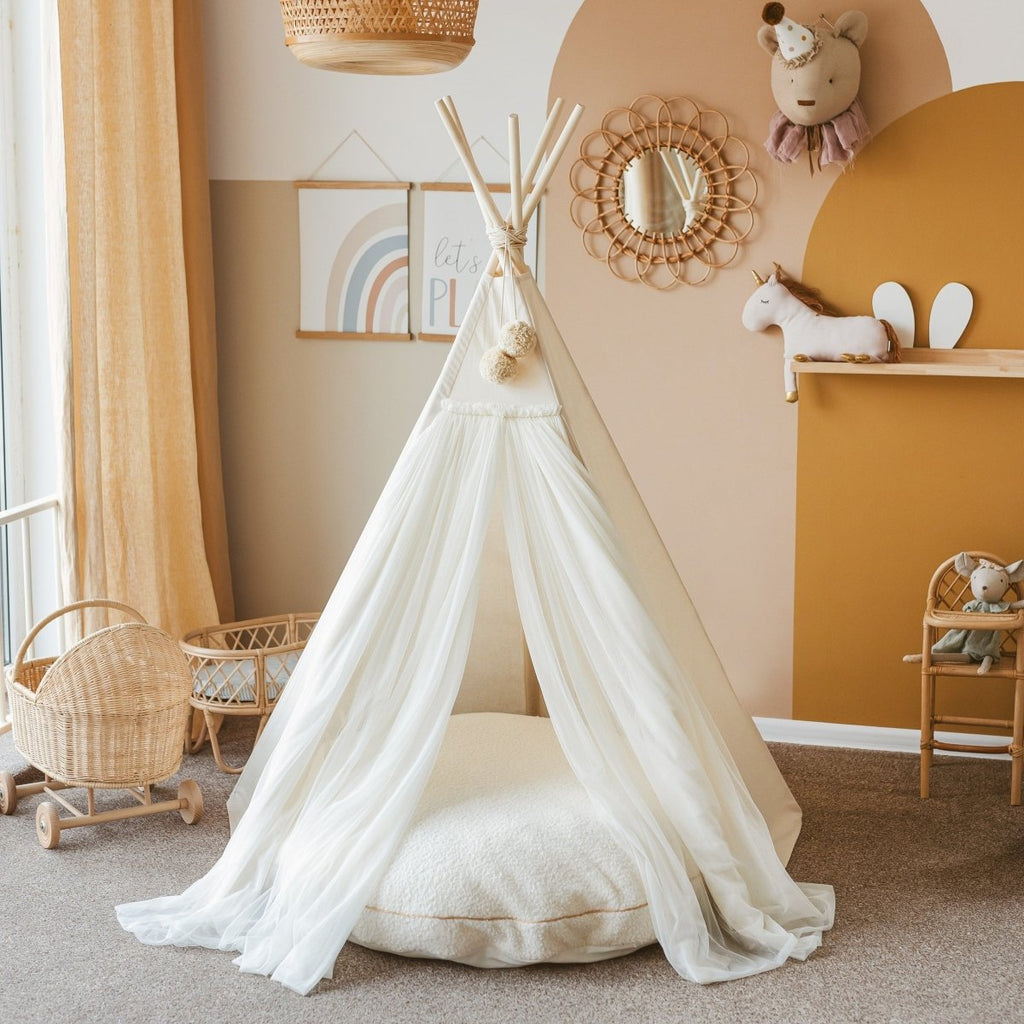 Fairy Kids Play Tent with Tulle - Ecru - Cotton & Wooden Poles - Tiny Tugz™