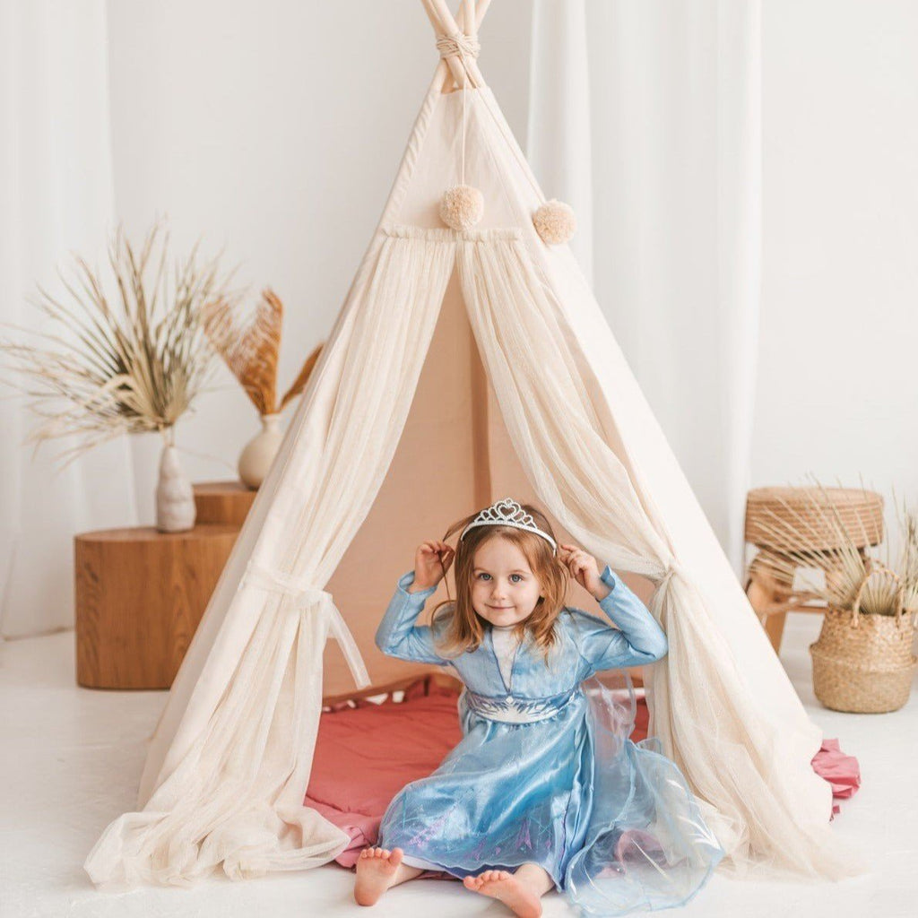 Fairy Kids Play Tent with Tulle - Ecru - Cotton & Wooden Poles - Tiny Tugz™