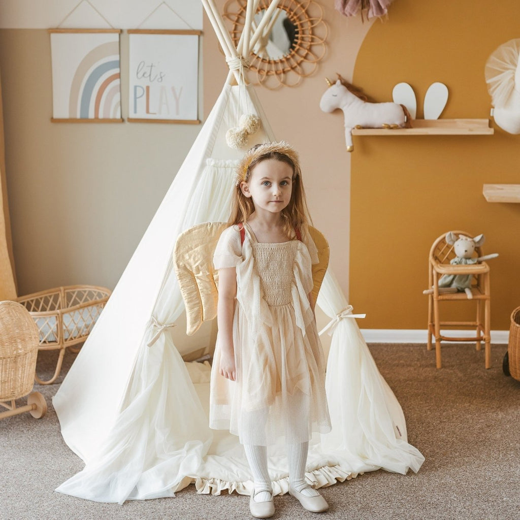Fairy Kids Play Tent with Tulle - Ecru - Cotton & Wooden Poles - Tiny Tugz™