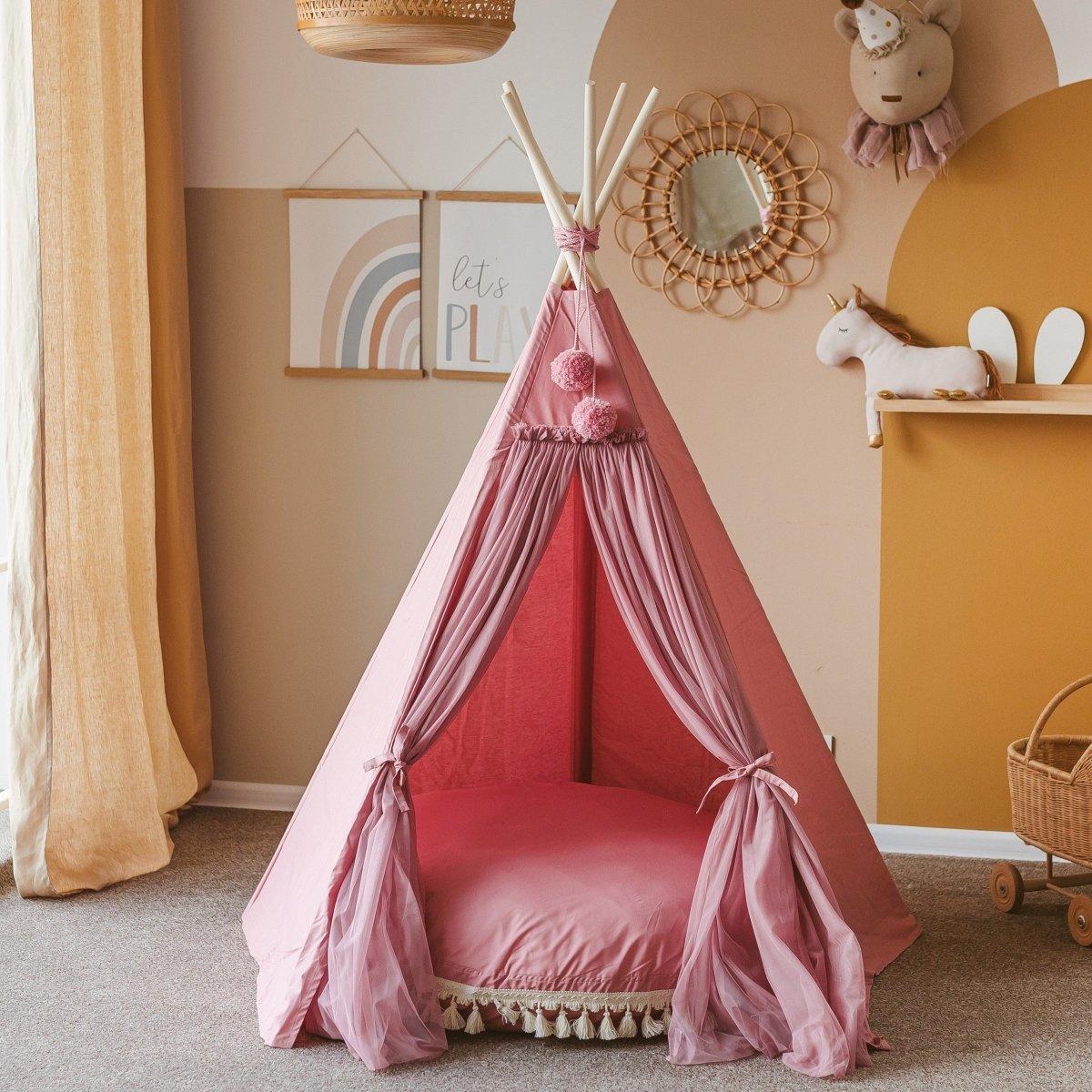 Fairy Kids Play Tent with Tulle - Rose - Cotton & Wooden Poles - Tiny Tugz™
