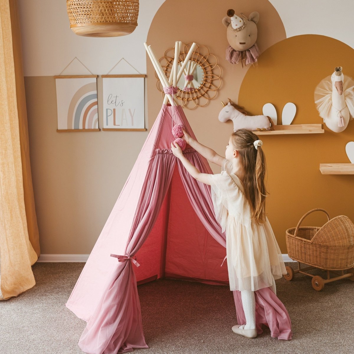 Fairy Kids Play Tent with Tulle - Rose - Cotton & Wooden Poles - Tiny Tugz™