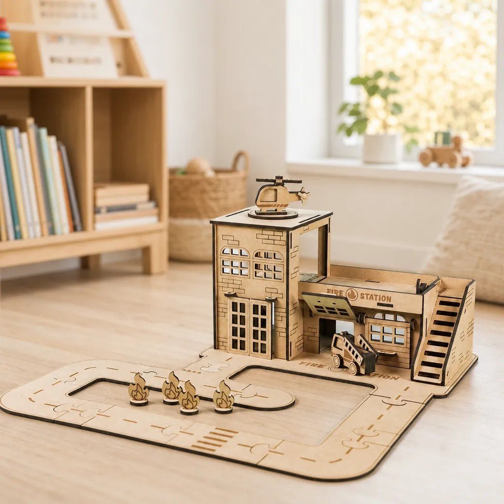 Fire Station - Colour-Your-Own Wooden Play Set - Tiny Tugz™