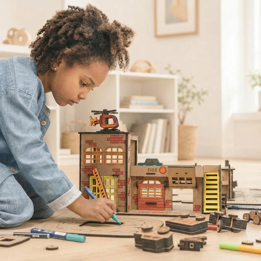 Fire Station - Colour-Your-Own Wooden Play Set - Tiny Tugz™