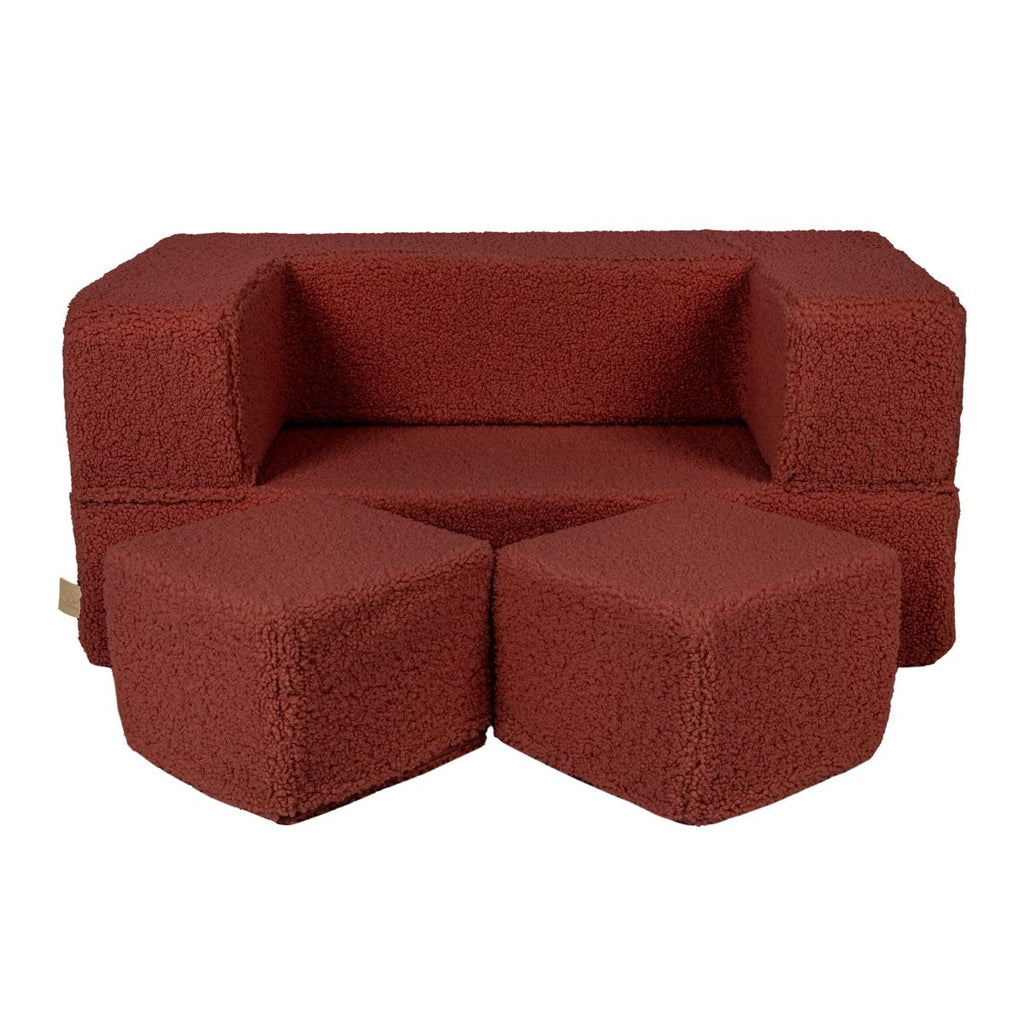 Fold-Out Kids Sofa with 2 Poufs - Bearly Fabric (Brown) - Tiny Tugz™