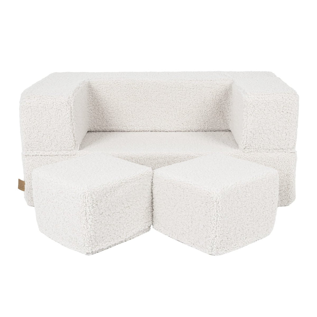 Fold-Out Kids Sofa with 2 Poufs - Bearly Fabric (Cream) - Tiny Tugz™