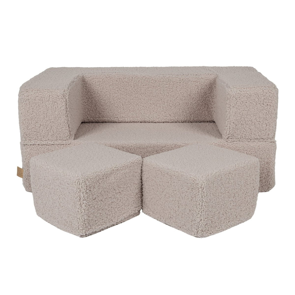 Fold-Out Kids Sofa with 2 Poufs - Bearly Fabric (Light Grey) - Tiny Tugz™