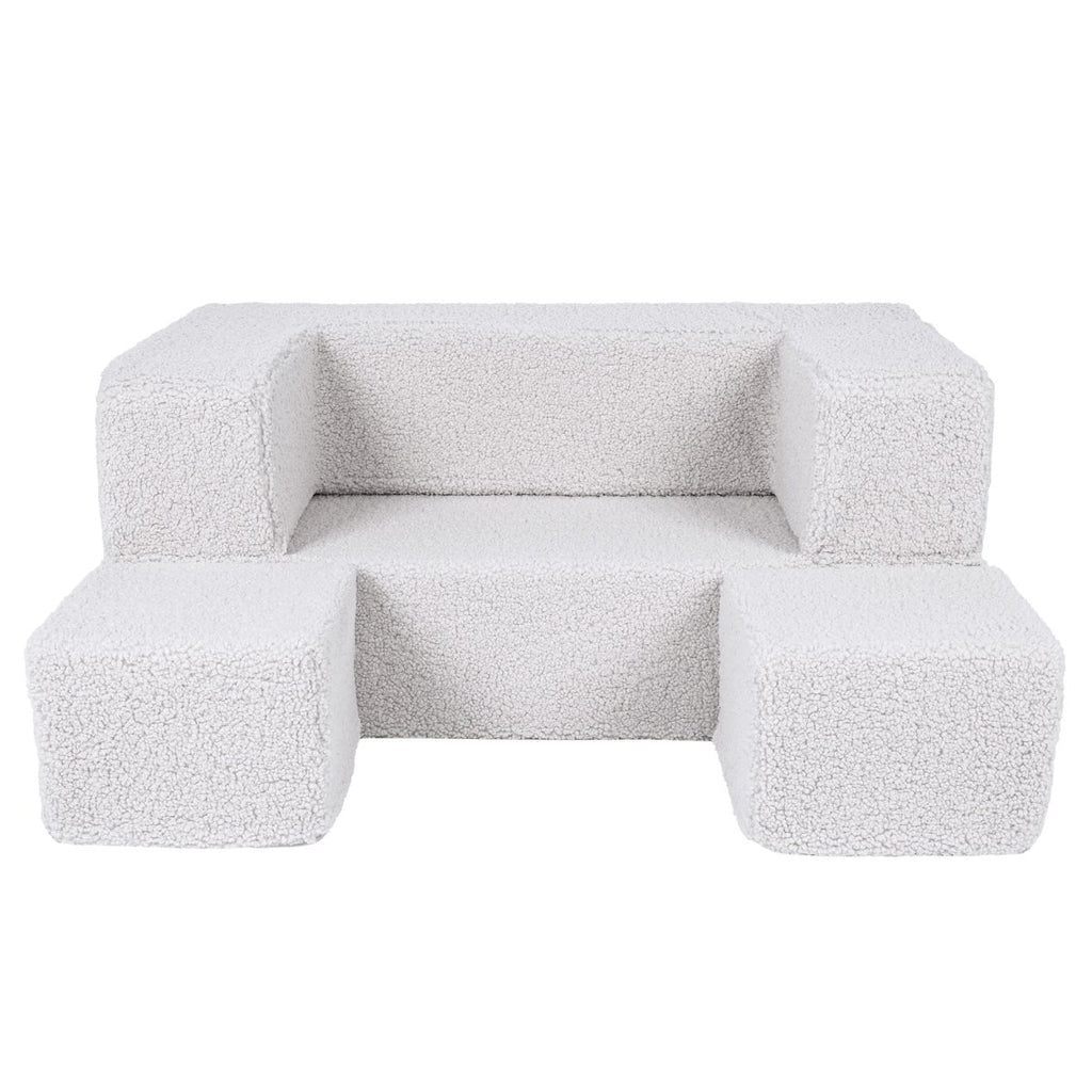 Fold-Out Kids Sofa with 2 Poufs - Bearly Fabric (White) - Tiny Tugz™
