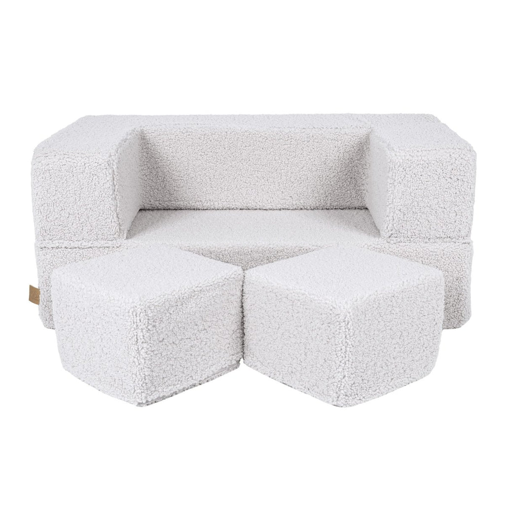 Fold-Out Kids Sofa with 2 Poufs - Bearly Fabric (White) - Tiny Tugz™