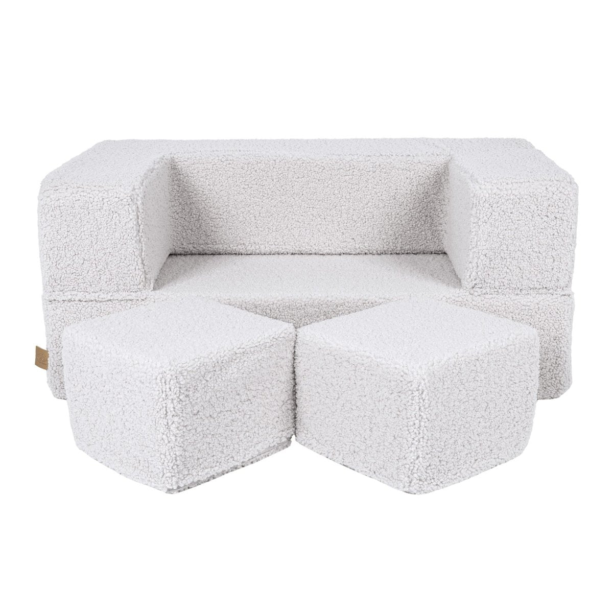 Fold-Out Kids Sofa with 2 Poufs - Bearly Fabric (White) - Tiny Tugz™