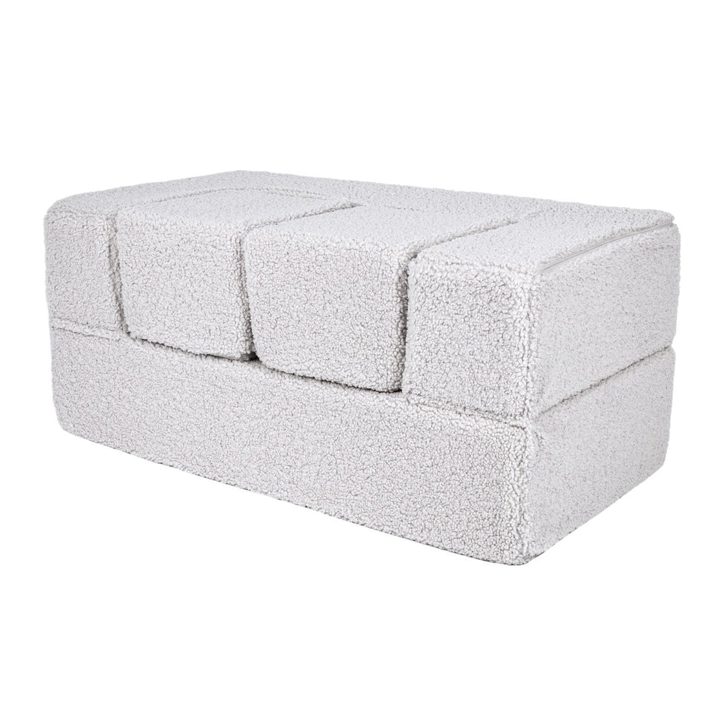 Fold-Out Kids Sofa with 2 Poufs - Bearly Fabric (White) - Tiny Tugz™
