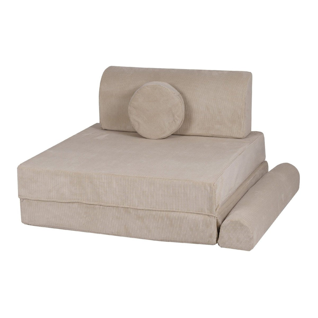 Fold-Out Kids Sofa with 2 Poufs - Slimcord Corduroy (Ecru) - Tiny Tugz™