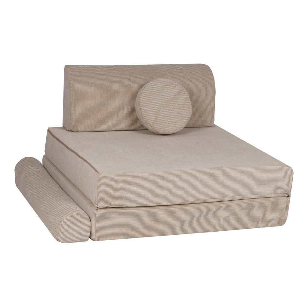 Fold-Out Kids Sofa with 2 Poufs - Slimcord Corduroy (Ecru) - Tiny Tugz™