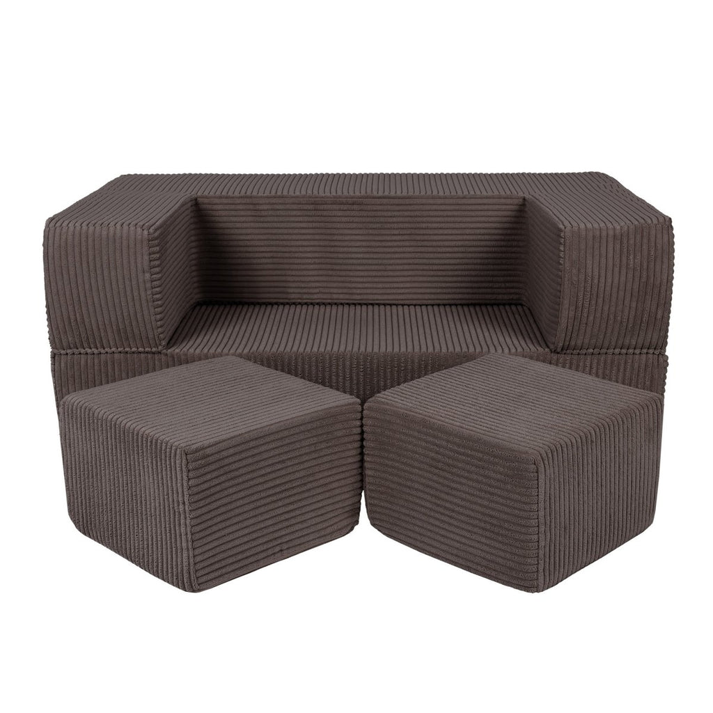 Fold-Out Kids Sofa with 2 Poufs - Velvet (Brown) - Tiny Tugz™