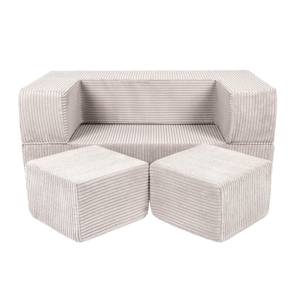 Fold-Out Kids Sofa with 2 Poufs - Velvet (Ecru) - Tiny Tugz™