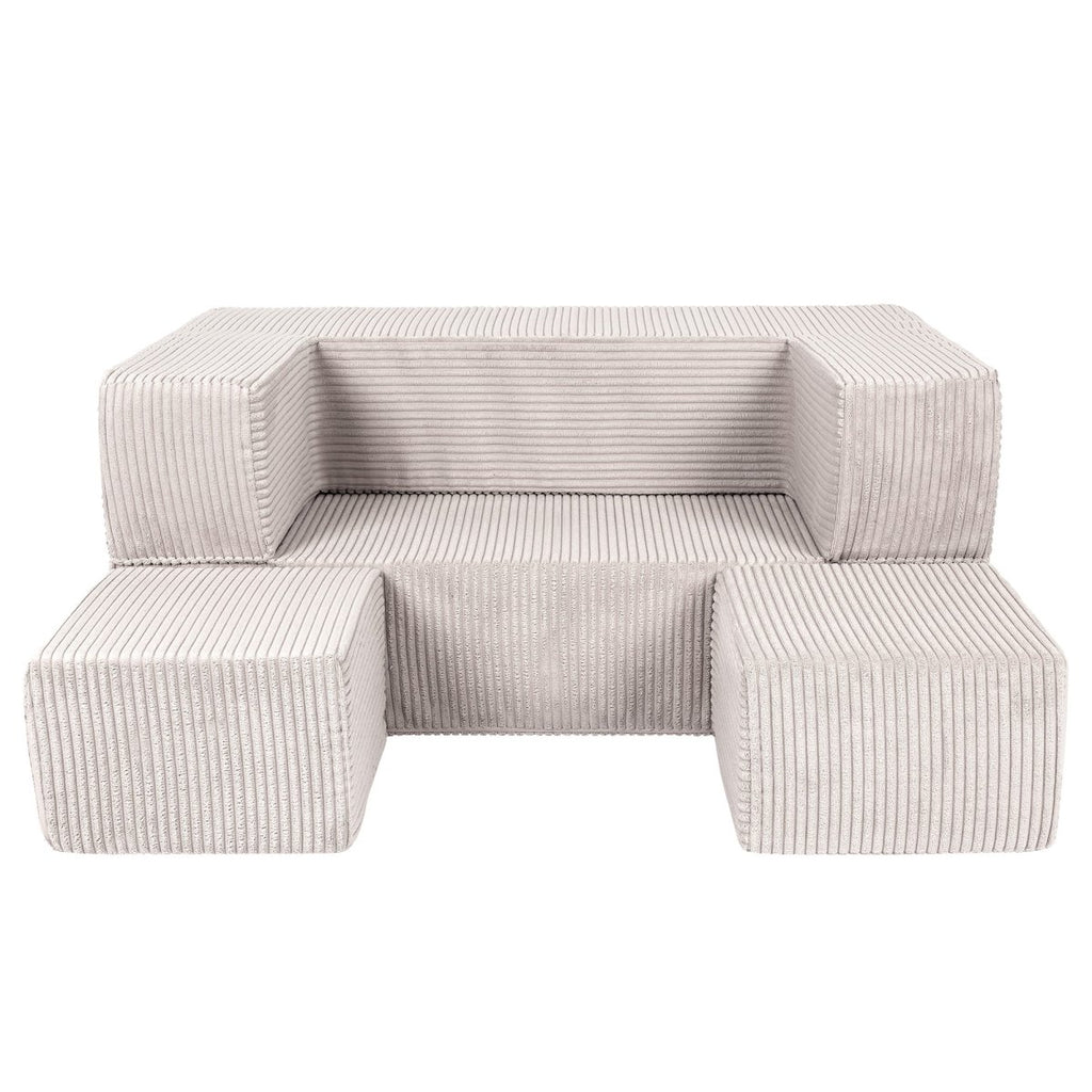 Fold-Out Kids Sofa with 2 Poufs - Velvet (Ecru) - Tiny Tugz™