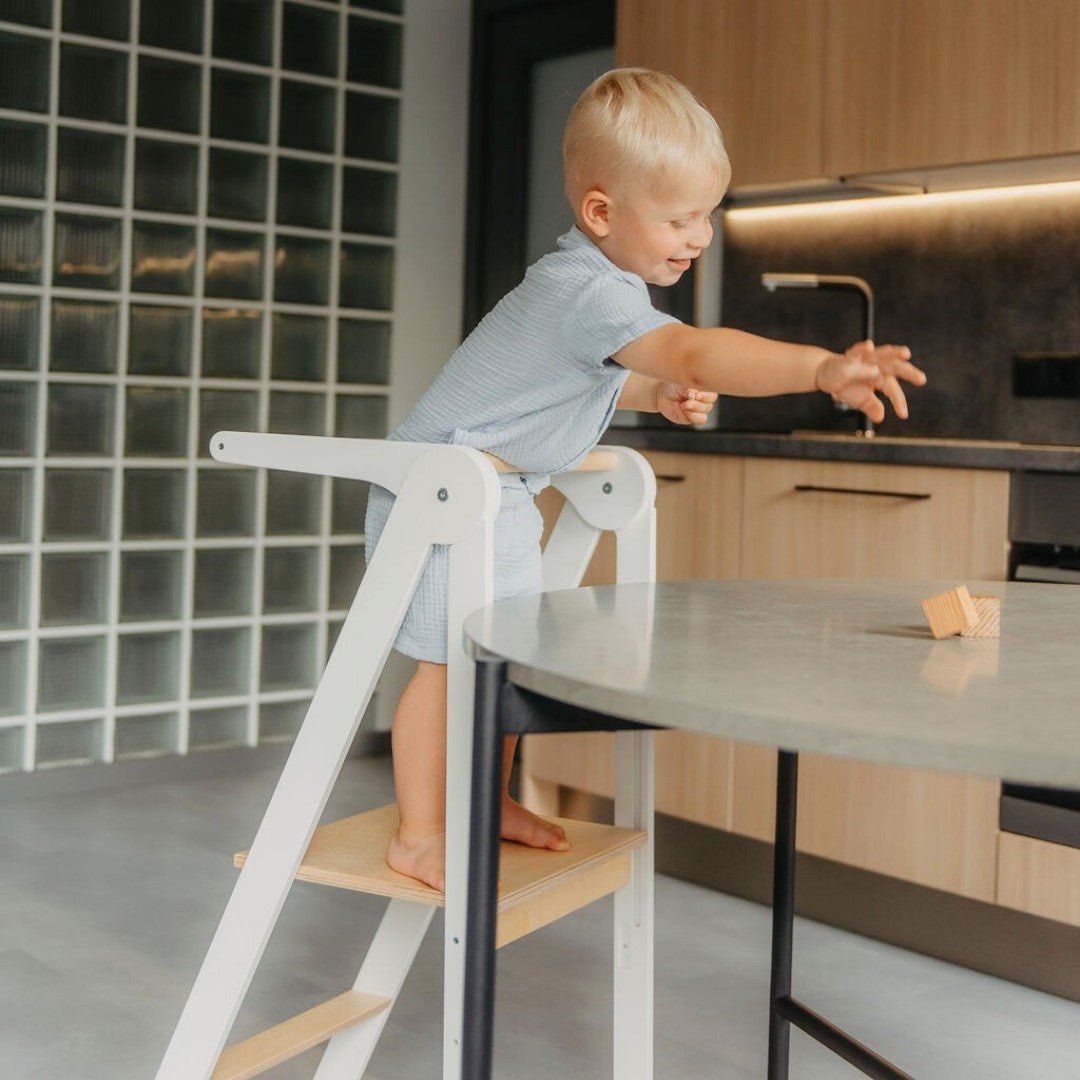 Foldable Wooden Kitchen Tower for Kids – Removable Safety Rail - Tiny Tugz™