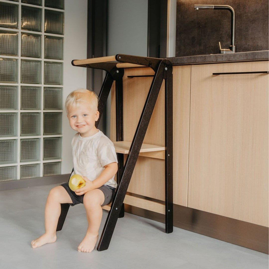 Foldable Wooden Kitchen Tower for Kids – Removable Safety Rail - Tiny Tugz™
