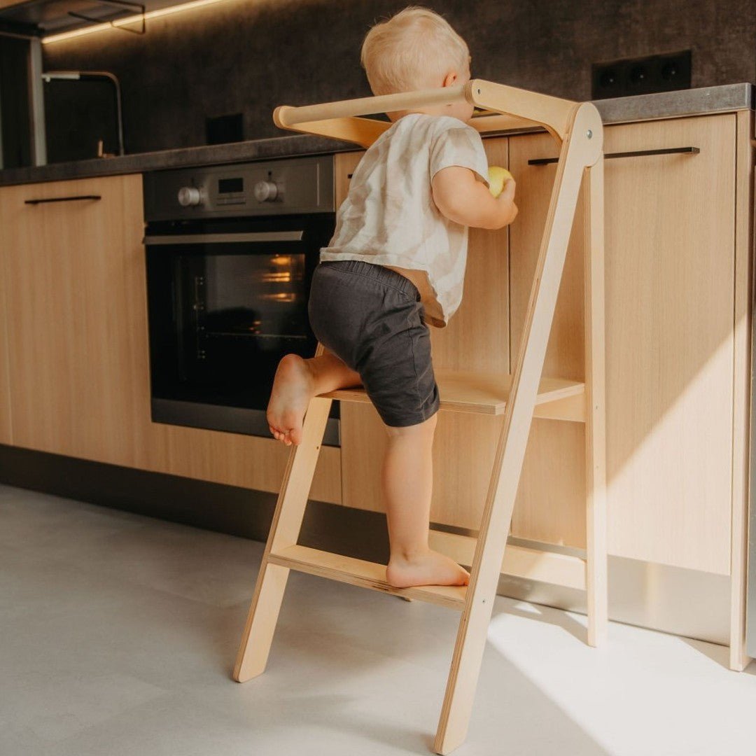 Foldable Wooden Kitchen Tower for Kids – Removable Safety Rail - Tiny Tugz™