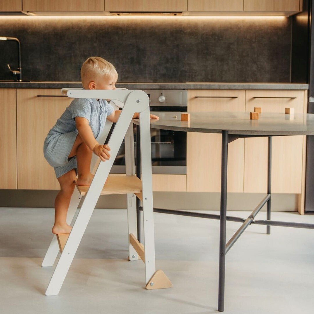 Foldable Wooden Kitchen Tower for Kids – Removable Safety Rail - Tiny Tugz™