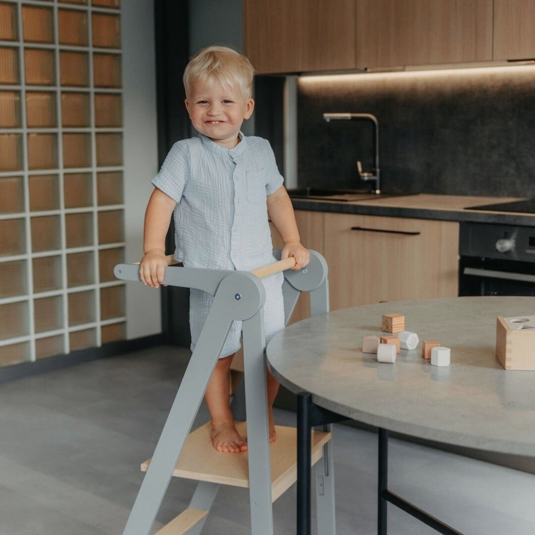 Foldable Wooden Kitchen Tower for Kids – Removable Safety Rail - Tiny Tugz™