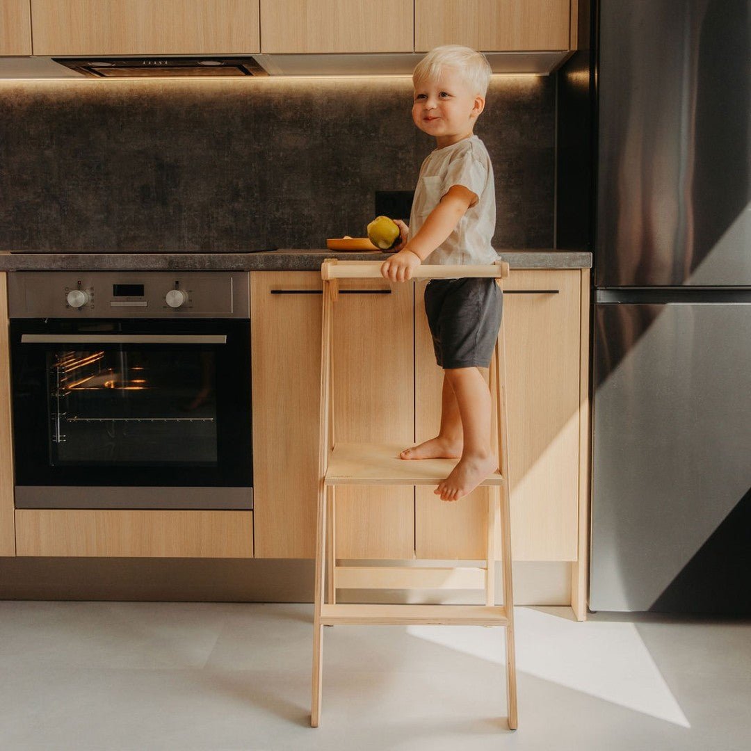 Foldable Wooden Kitchen Tower for Kids – Removable Safety Rail - Tiny Tugz™