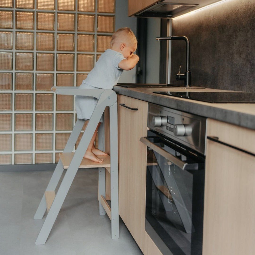 Foldable Wooden Kitchen Tower for Kids – Removable Safety Rail - Tiny Tugz™