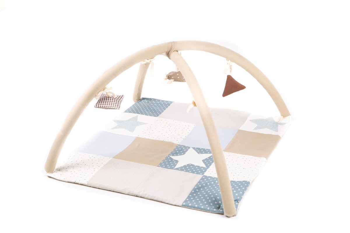 GOTS Organic Activity Mat & Arches 80×80 cm for Babies (0–18m) - Blue - Tiny Tugz™