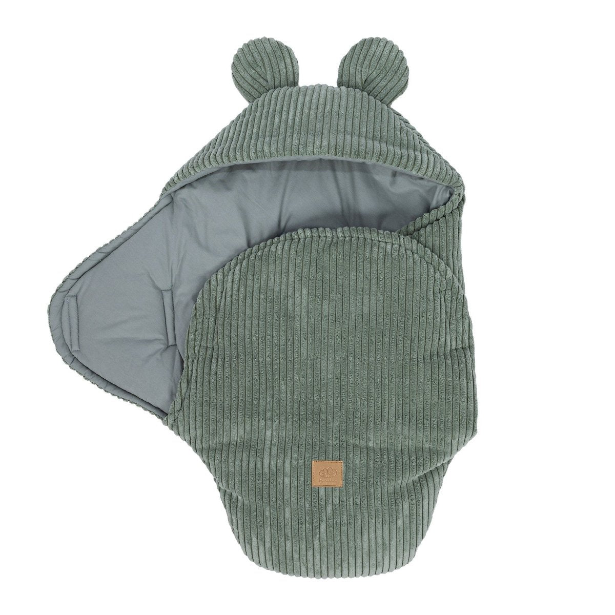 Green Baby Swaddle with Bear Ears, Ribbed Corduroy & Cotton Lining - Tiny Tugz™