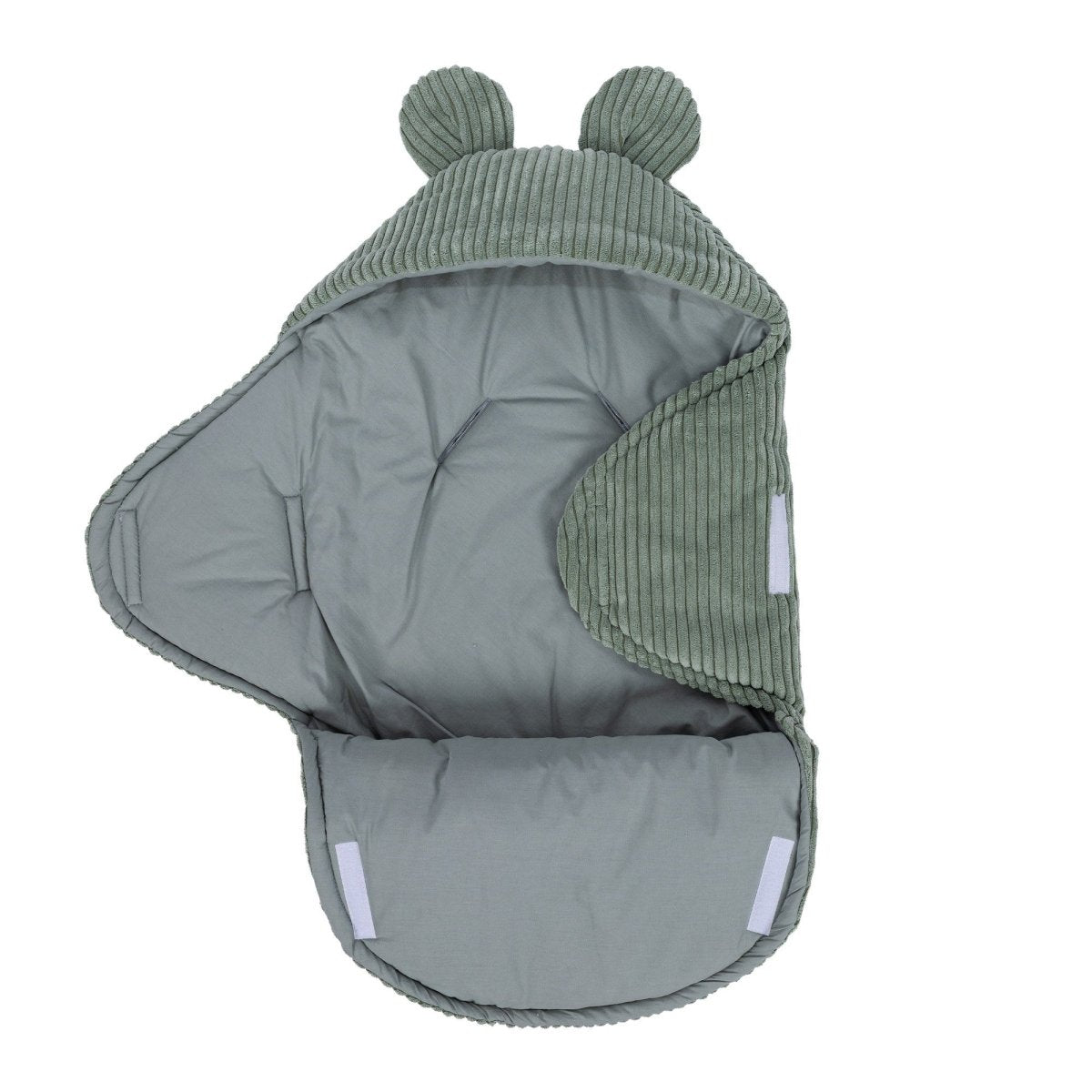 Green Baby Swaddle with Bear Ears, Ribbed Corduroy & Cotton Lining - Tiny Tugz™