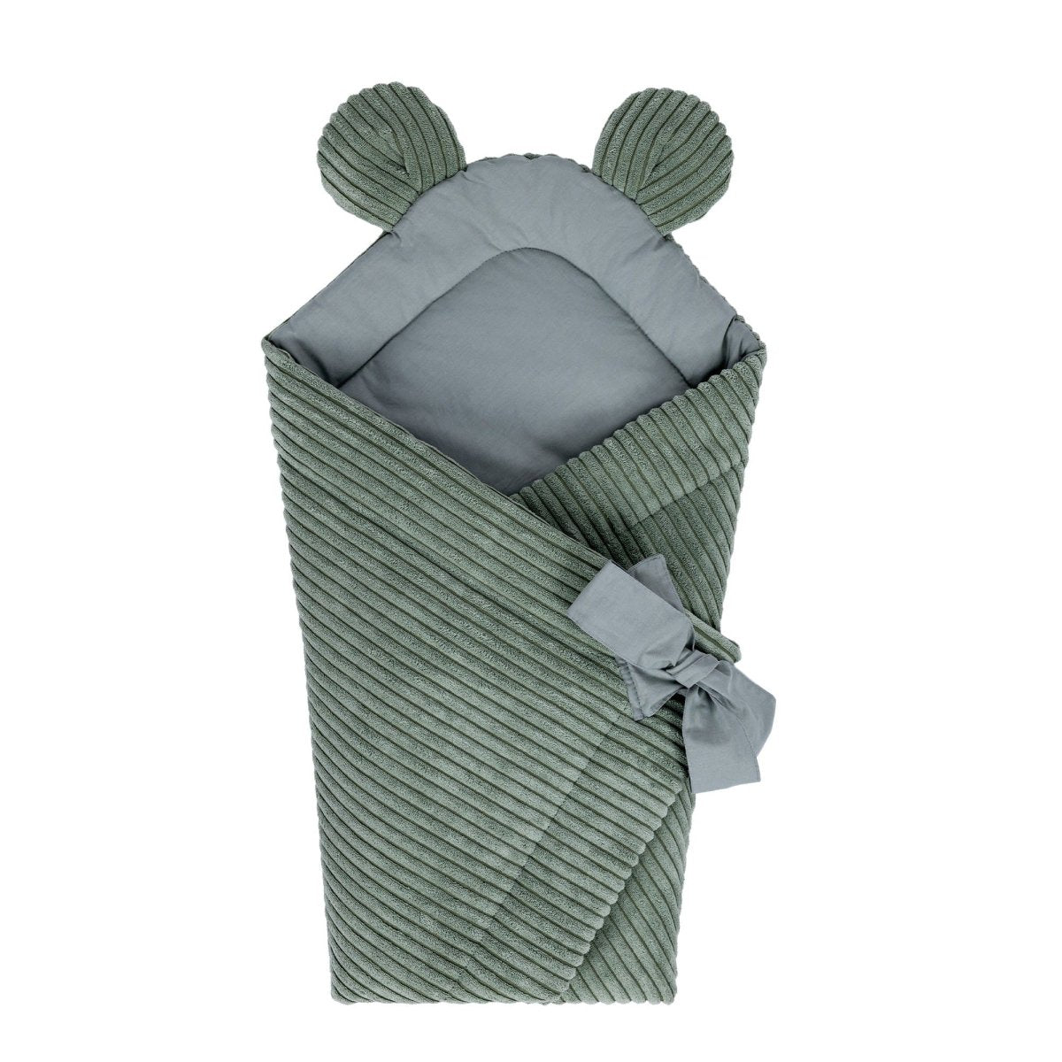 Green Baby Swaddle Wrap with Bear Ears, Ribbed Corduroy & Cotton Lining - Tiny Tugz™
