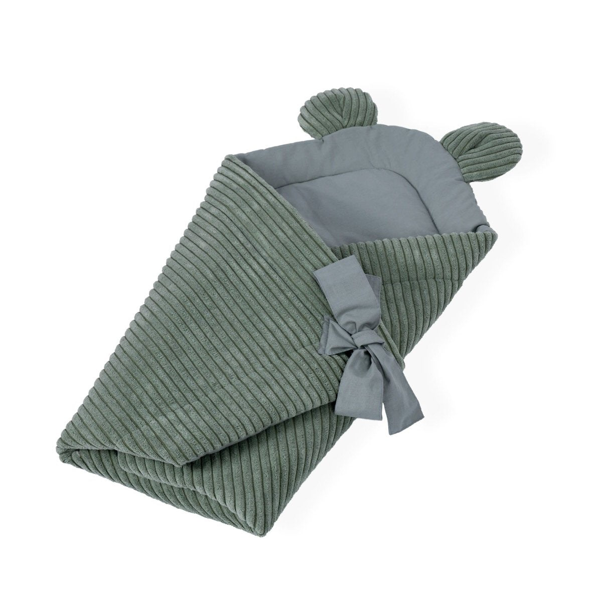 Green Baby Swaddle Wrap with Bear Ears, Ribbed Corduroy & Cotton Lining - Tiny Tugz™